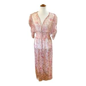 L.I.F.E. Sheer Pink Button Floral Long Cover Up Dress